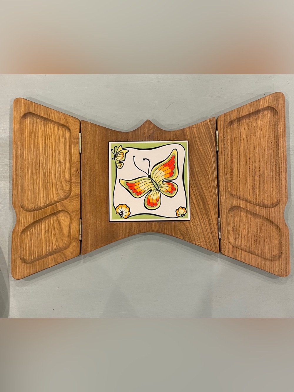 Vintage Gail Craft Butterfly Ceramic Tile Folding Cheese Tray